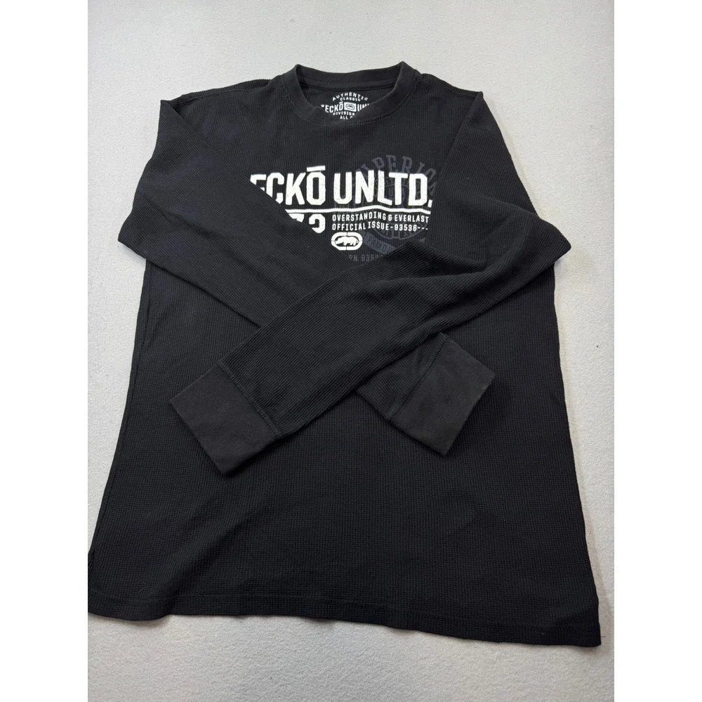 Ecko Unltd Mens XL Black Waffle Knit Thermal Long Sleeve Graphic T-Shirt Rhino